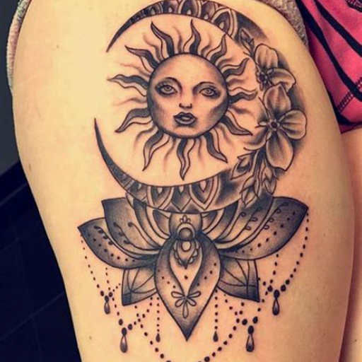 Sun and Moon Thigh Tattoo Ideas Sun and Moon Thigh Tattoo Ideas